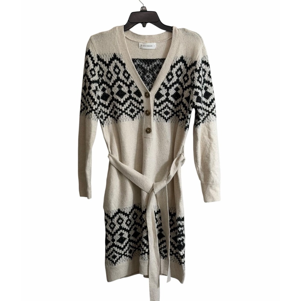 Lucky Brand Sweater Dress PL Cream & Black Geometric Long Sleeve Tie Front